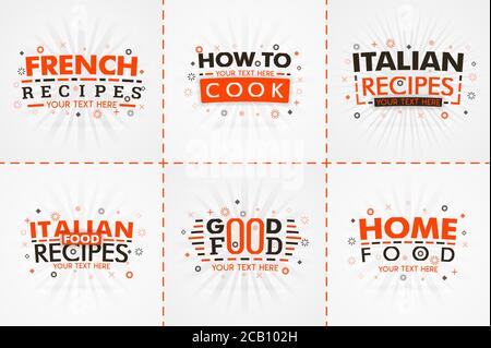 set di ricette arancioni per riviste di cibo e ricette. Titoli dei menu dei ristoranti o badge per negozi di alimentari e ristoranti. Design minimalista per la ricetta Illustrazione Vettoriale