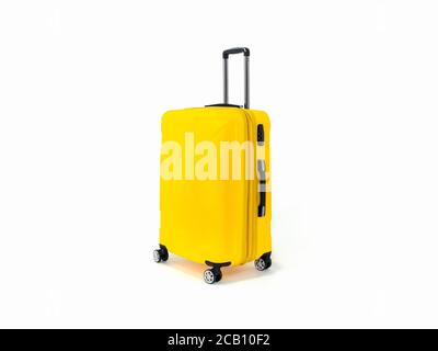 Valigia gialla sulle ruote. Valigia per bagagli su ruote. Valigia gialla su  sfondo blu. Vista frontale Foto stock - Alamy