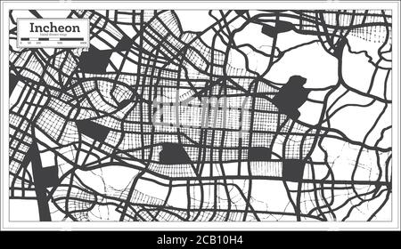 Mappa della città della Corea del Sud di Incheon in bianco e nero in stile retro. Mappa di contorno. Illustrazione vettoriale. Illustrazione Vettoriale