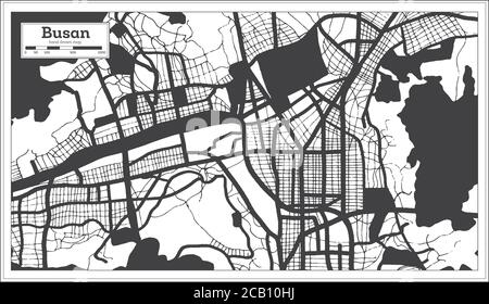 Mappa di Busan della Corea del Sud in bianco e nero in stile retro. Mappa di contorno. Illustrazione vettoriale. Illustrazione Vettoriale