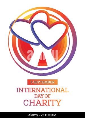 Giornata Internazionale della Carità. Osservato annualmente il 5 settembre. Le mani tengono due cuori. Illustrazione vettoriale. Illustrazione Vettoriale