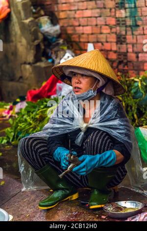 Ho Chi Minh City, Vietnam - 08 ago 2020: Donna vietnamita indossa un foglio di plastica intorno al collo per coprire la pioggia, indossa non la, vende pesce e rane Foto Stock