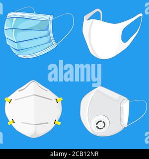 Vari tipi di illustrazione vettoriale della maschera. Maschera respiratoria medica per la protezione contro batteri e malattie virali Illustrazione Vettoriale