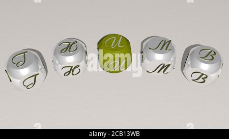 testo curvo con pollice di lettere cubiche. Illustrazione 3D. Sfondo e mano Foto Stock