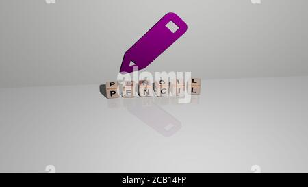 Testo A MATITA di lettere cubiche sul pavimento e icona 3D sul muro. Illustrazione 3D. Sfondo e disegno Foto Stock