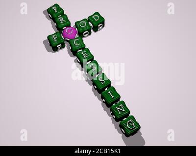 CROSSWORD DI LAVORAZIONE DI CIBO di lettere cubiche colorate. Illustrazione 3D. Sfondo e fresco Foto Stock