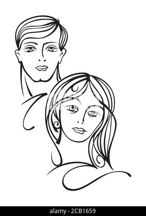 Volto maschile e femminile. Schizzo lineare minimalista astratto. Illustrazione vettoriale disegnata a mano Illustrazione Vettoriale