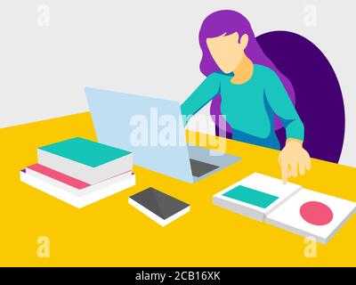 Donne studio da casa, lavorando su laptop, puntare il dito al libro, lavoro da casa concetto, vista dall'alto, persone notizie computer, illustrazione vettoriale Illustrazione Vettoriale