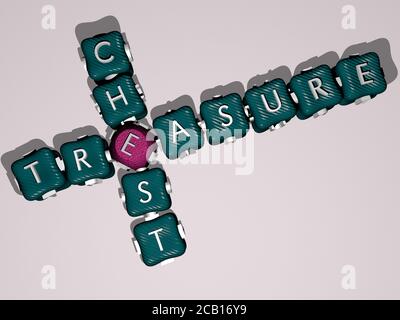 tesoro petto crossword di colorate lettere cubiche. Illustrazione 3D. Sfondo e oro Foto Stock