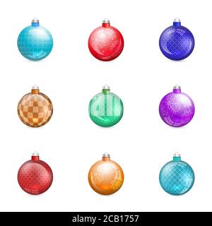 Giocattoli lucidi per albero di natale isolati su sfondo bianco, illustrazione vettoriale. Set di elementi di design per biglietti d'auguri, banner di Capodanno. Illustrazione Vettoriale