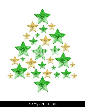Abete di Natale fatto di stelle lucenti sfondo bianco closeup isolato, stelle verdi e dorate a forma di pino decorativo di Capodanno, decorazione xmas Foto Stock