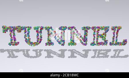 Tunnel scritto in 3D da piccoli oggetti colorati che gettano ombra su uno sfondo bianco. Astratto e blu Foto Stock