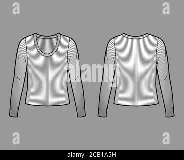 Maglione a maglia con manico a coste, illustrazione tecnica della moda a maniche lunghe, corpo oversize. Outwear piatto modello di abbigliamento fronte retro bianco. Donna uomo maglia unisex top mockup CAD Illustrazione Vettoriale