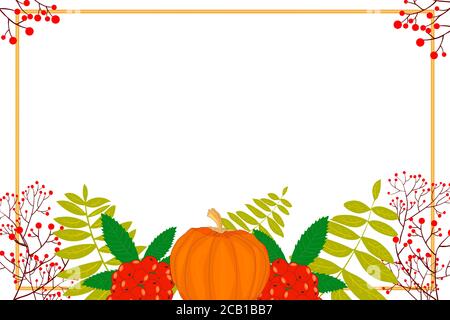 Modello banner stagionale autunno. Pumpkin di Halloween o di ringraziamento, bacca di rowan e foglie cornice di bordo con spazio di copia. Illustrazione vettoriale stock Illustrazione Vettoriale