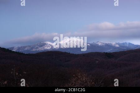 Panorama con cime innevate al tramonto e foresta senza foglie d'autunno. Cielo azzurro pallido con una tinta rosa. Sfondo naturale invernale. Bellissima onda di Foto Stock