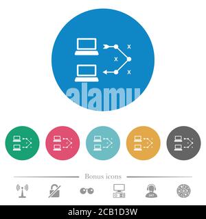 Traceroute computer remoto icone bianche piatte su sfondi rotondi di colore. 6 icone bonus incluse. Illustrazione Vettoriale