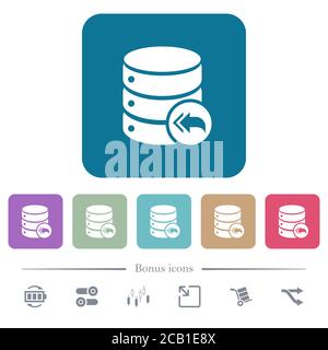 Icone piatte bianche di loopback del database su sfondi quadrati arrotondati a colori. 6 icone bonus incluse Illustrazione Vettoriale