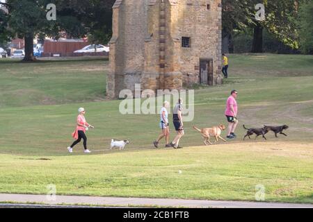 Northampton, Regno Unito. 10 agosto 2020. La gente fuori con i loro cani per la passeggiata mattutina mentre l'aria è ancora fresca come si riscalderà più tardi la mattina, Abington Park, Northampton, Inghilterra, Regno Unito. Credit: Keith J Smith/Alamy Live News Foto Stock