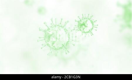 Cellule di coronavirus, batteri o germi microrganismo al microscopio nel colore verde chiaro sfondo illustrazione Foto Stock