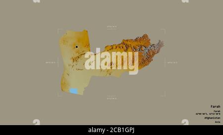Area di Farah, provincia dell'Afghanistan, isolata su uno sfondo solido in una scatola di delimitazione georeferenziata. Etichette. Mappa di rilievo topografico. Rendering 3D Foto Stock