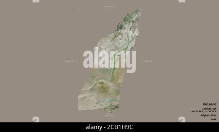 Area di Helmand, provincia dell'Afghanistan, isolata su un solido sfondo in una scatola di delimitazione georeferenziata. Etichette. Immagini satellitari. Rendering 3D Foto Stock