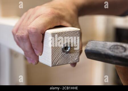 Man sta installando una vite variabile regolabile in legno scrivania o gamba del tavolo Foto Stock