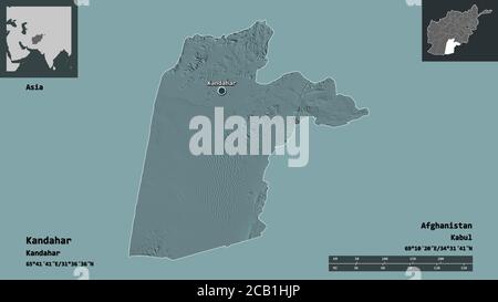 Forma di Kandahar, provincia dell'Afghanistan, e la sua capitale. Scala della distanza, anteprime ed etichette. Mappa di elevazione colorata. Rendering 3D Foto Stock
