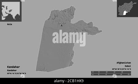 Forma di Kandahar, provincia dell'Afghanistan, e la sua capitale. Scala della distanza, anteprime ed etichette. Mappa elevazione bilivello. Rendering 3D Foto Stock