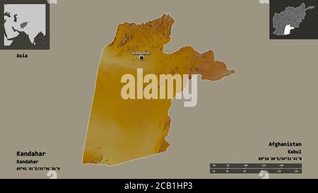 Forma di Kandahar, provincia dell'Afghanistan, e la sua capitale. Scala della distanza, anteprime ed etichette. Mappa di rilievo topografico. Rendering 3D Foto Stock