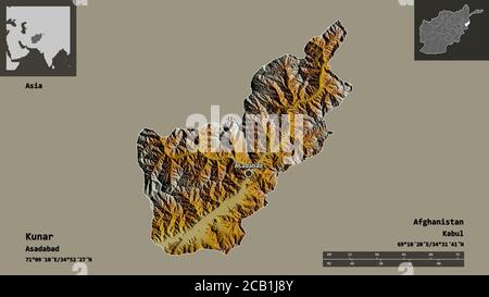 Forma di Kunar, provincia dell'Afghanistan, e la sua capitale. Scala della distanza, anteprime ed etichette. Mappa di rilievo topografico. Rendering 3D Foto Stock