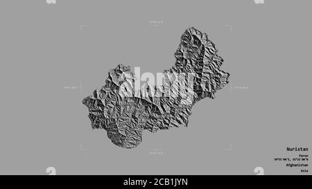 Area del Nuristan, provincia dell'Afghanistan, isolata su uno sfondo solido in una scatola di delimitazione georeferenziata. Etichette. Mappa elevazione bilivello. Rendering 3D Foto Stock