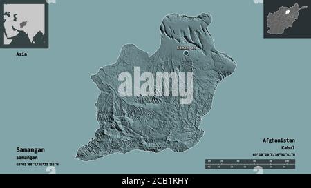 Forma di Samangan, provincia dell'Afghanistan, e la sua capitale. Scala della distanza, anteprime ed etichette. Mappa di elevazione colorata. Rendering 3D Foto Stock