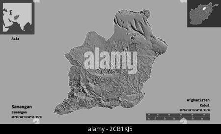 Forma di Samangan, provincia dell'Afghanistan, e la sua capitale. Scala della distanza, anteprime ed etichette. Mappa elevazione bilivello. Rendering 3D Foto Stock