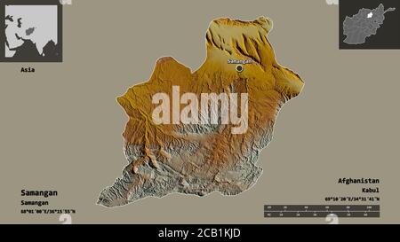 Forma di Samangan, provincia dell'Afghanistan, e la sua capitale. Scala della distanza, anteprime ed etichette. Mappa di rilievo topografico. Rendering 3D Foto Stock