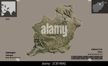 Forma di Samangan, provincia dell'Afghanistan, e la sua capitale. Scala della distanza, anteprime ed etichette. Immagini satellitari. Rendering 3D Foto Stock