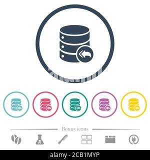 Icone a colori piatte di loopback del database in contorni rotondi. 6 icone bonus incluse. Illustrazione Vettoriale