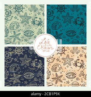 Coralli marini senza cuciture di alta qualità con coralli. Una collezione disegnata a mano di motivi senza giunture di corallo e mare con elementi aggiuntivi Illustrazione Vettoriale