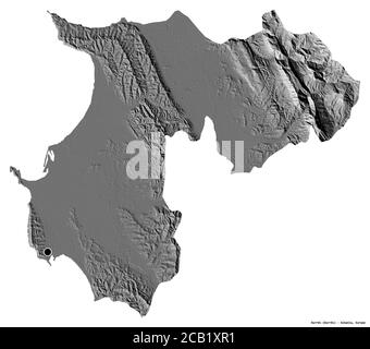 Forma di Durrës, contea dell'Albania, con la sua capitale isolata su sfondo bianco. Mappa elevazione bilivello. Rendering 3D Foto Stock