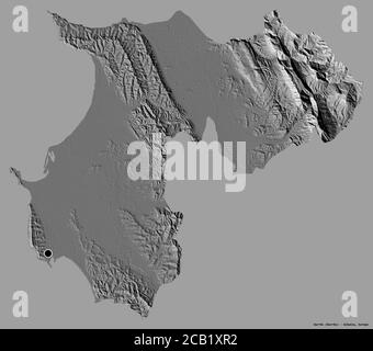 Forma di Durrës, contea dell'Albania, con la sua capitale isolata su uno sfondo a tinta unita. Mappa elevazione bilivello. Rendering 3D Foto Stock