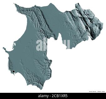 Forma di Durrës, contea dell'Albania, con la sua capitale isolata su sfondo bianco. Mappa di elevazione colorata. Rendering 3D Foto Stock