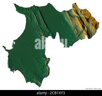 Forma di Durrës, contea dell'Albania, con la sua capitale isolata su sfondo bianco. Mappa di rilievo topografico. Rendering 3D Foto Stock