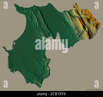 Forma di Durrës, contea dell'Albania, con la sua capitale isolata su uno sfondo a tinta unita. Mappa di rilievo topografico. Rendering 3D Foto Stock