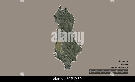 Forma desaturata dell'Albania con la sua capitale, la principale divisione regionale e la zona separata di Fier. Etichette. Immagini satellitari. Rendering 3D Foto Stock