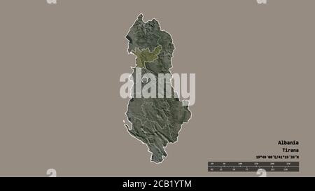 Forma desaturata dell'Albania con la sua capitale, la principale divisione regionale e la zona separata di Lezhë. Etichette. Immagini satellitari. Rendering 3D Foto Stock