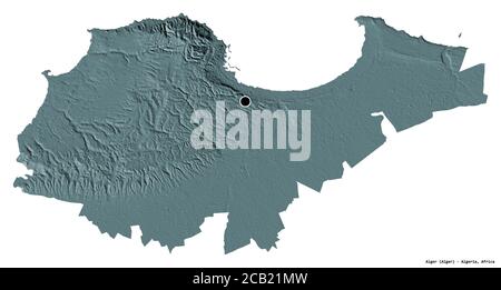 Forma di Alger, provincia dell'Algeria, con la sua capitale isolata su sfondo bianco. Mappa di elevazione colorata. Rendering 3D Foto Stock