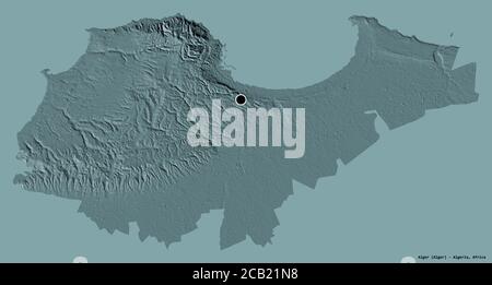 Forma di Alger, provincia dell'Algeria, con la sua capitale isolata su uno sfondo a tinta unita. Mappa di elevazione colorata. Rendering 3D Foto Stock