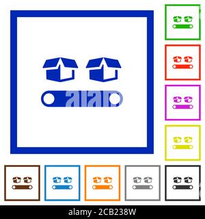Trasportatore con scatole icone di colore piatto in cornici quadrate su sfondo bianco Illustrazione Vettoriale