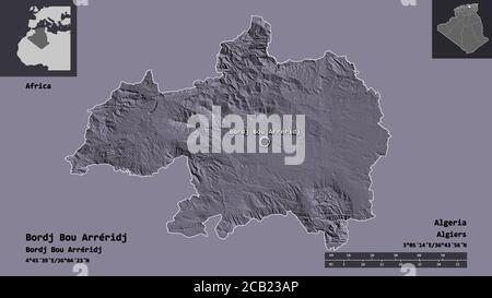 Forma di Bordj Bou Arréridj, provincia dell'Algeria, e la sua capitale. Scala della distanza, anteprime ed etichette. Mappa di elevazione colorata. Rendering 3D Foto Stock