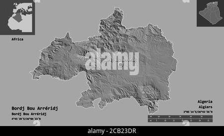 Forma di Bordj Bou Arréridj, provincia dell'Algeria, e la sua capitale. Scala della distanza, anteprime ed etichette. Mappa elevazione bilivello. Rendering 3D Foto Stock