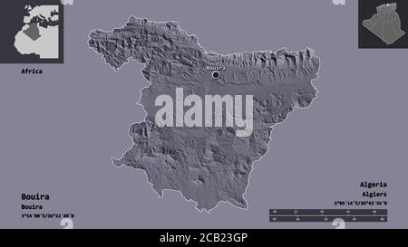 Forma di Bouira, provincia dell'Algeria, e la sua capitale. Scala della distanza, anteprime ed etichette. Mappa di elevazione colorata. Rendering 3D Foto Stock